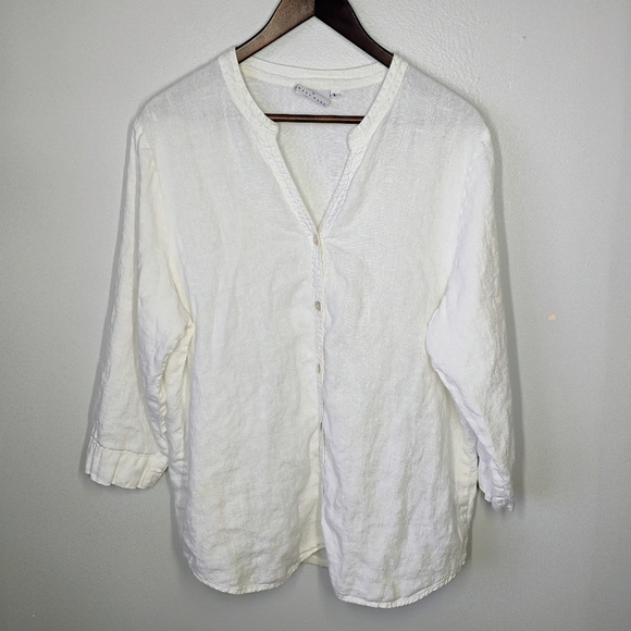 Hot Cotton Top Womens Large White 100% Linen Summer Button Up Casual Neutral - Picture 10 of 10